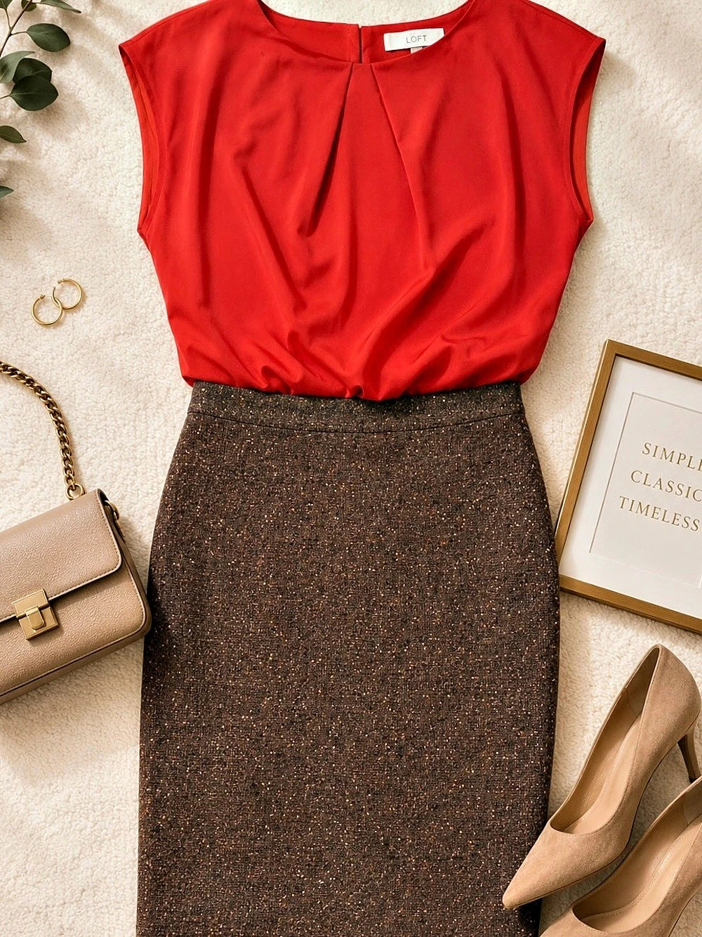 LOFT Orange Top Tweed Bottom Dress dark orange & Brown 2P Like New